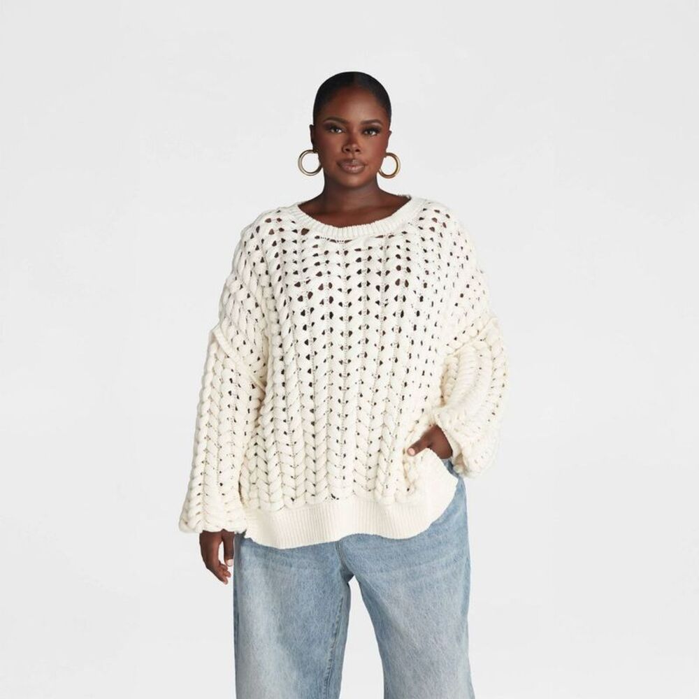 Relaxed Open-Knit Crewneck Sweater - Cream
